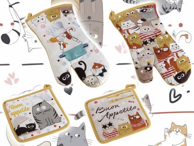 Set gant de cuisine et manique en coton imprimé "Funny Cats"