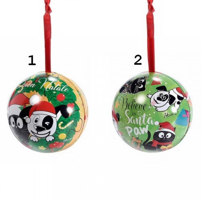 Boule de Noel chat et chien ouvrante pour accrocher en métal 