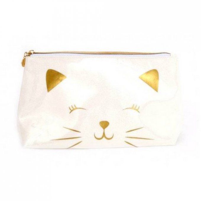 Trousse de toilette blanc pailleté et tête chat or.
