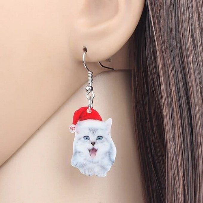 Boucles d'oreille chat de noel bavard.