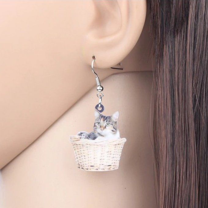 Boucles d'oreille 1 chat dans son panier