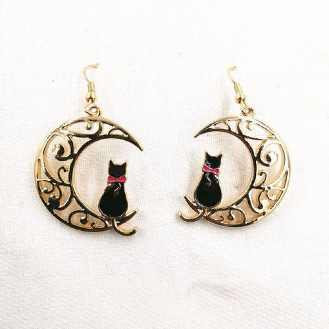 Boucles d'oreille le chat sur la lune