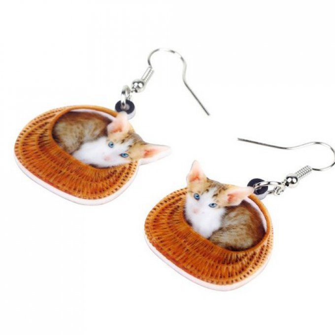 Boucles d'oreille chat oriental dans son panier