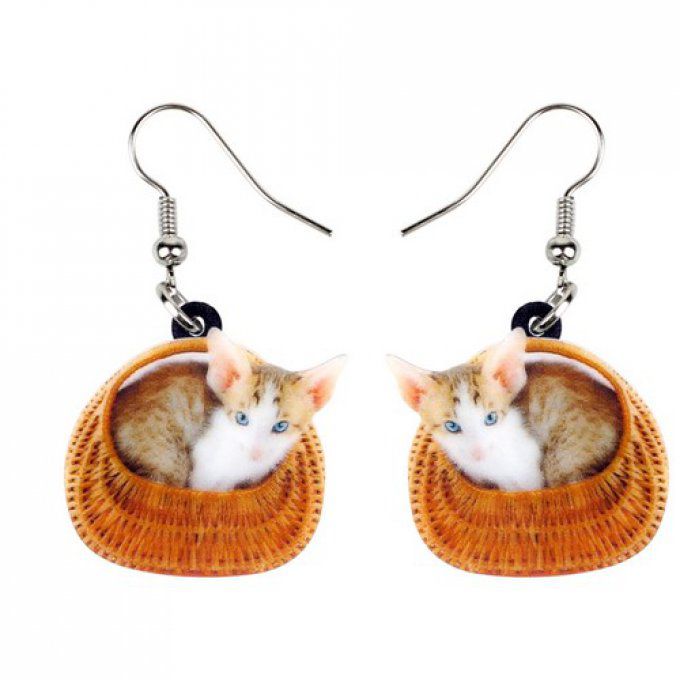 Boucles d'oreille chat oriental dans son panier