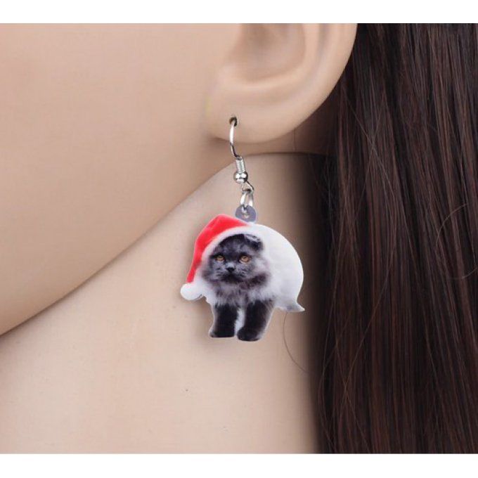 Boucle d'oreille de noël chat avec son chapeau