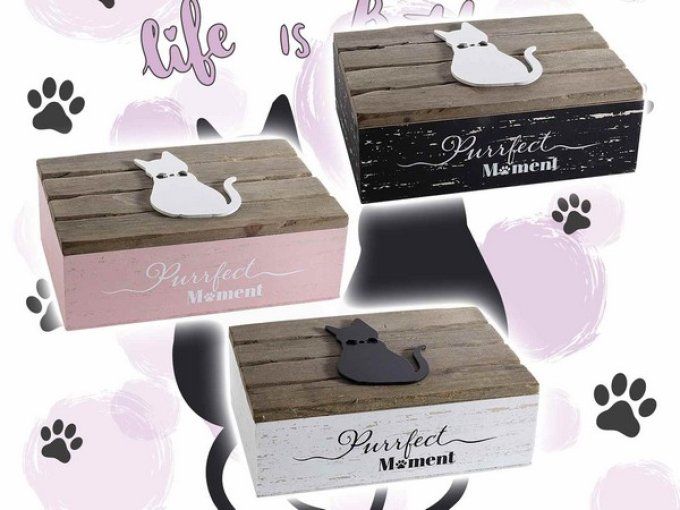 Boîte à thé chat en bois gaufré "Jolis Chats.