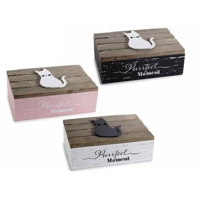 Boîte à thé chat en bois gaufré "Jolis Chats.