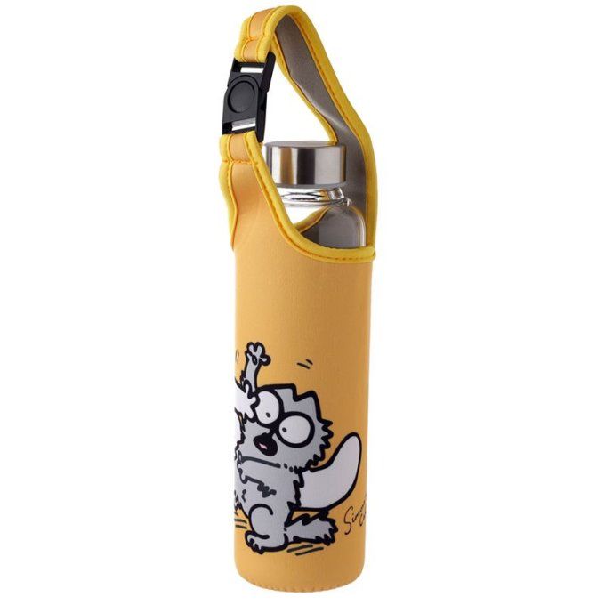 Bouteille d'Eau en Verre (Gourde) 500ml avec Manchon à Sangle de Transport Simon's Cat - Chat