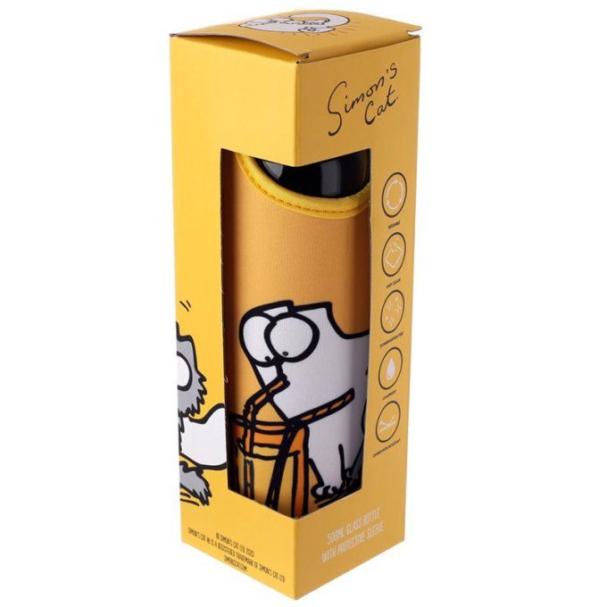Bouteille d'Eau en Verre (Gourde) 500ml avec Manchon à Sangle de Transport Simon's Cat - Chat