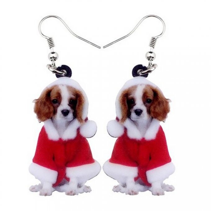 Boucles d'oreille chien king charles de noel.