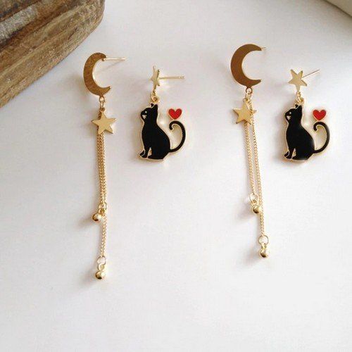 Boucles d'oreille chat noir et lune étoilée 