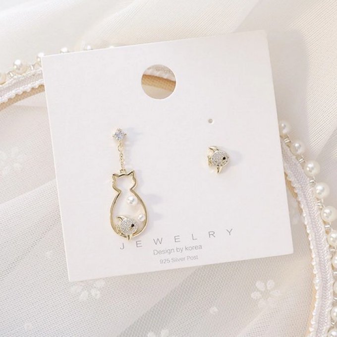 Boucles d'oreille chat, poisson et strass