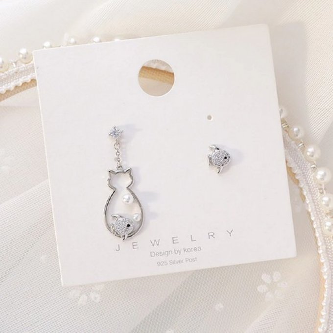 Boucles d'oreille chat, poisson et strass