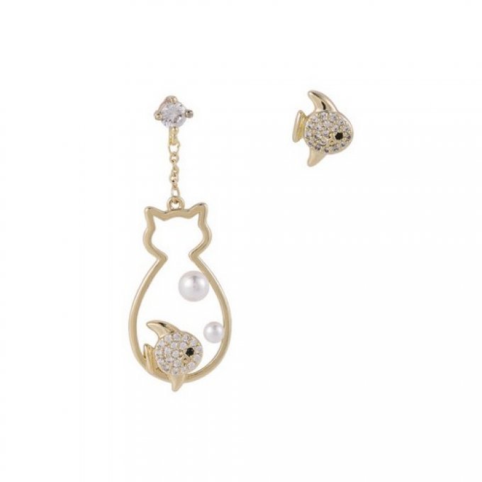 Boucles d'oreille chat, poisson et strass