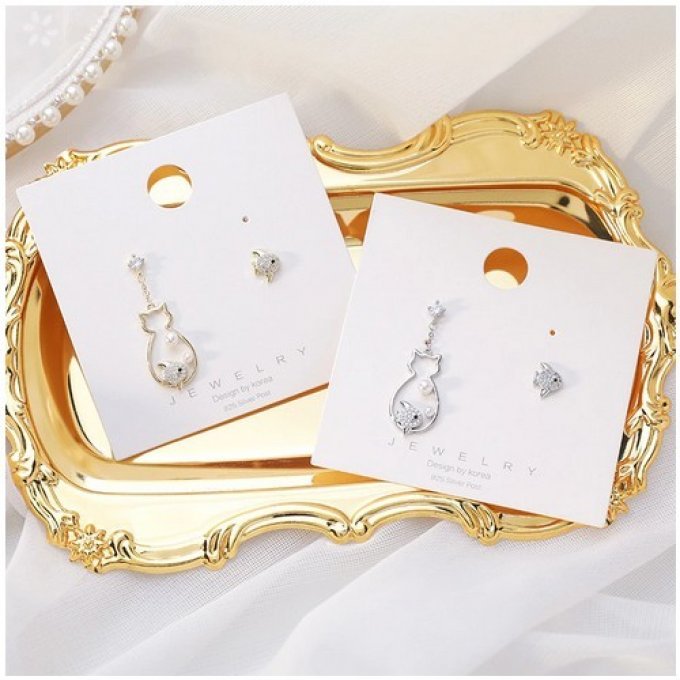 Boucles d'oreille chat, poisson et strass