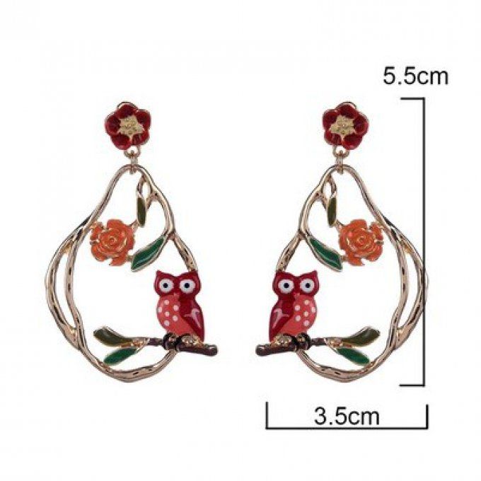 Boucles d'oreille hibou sur sa branche