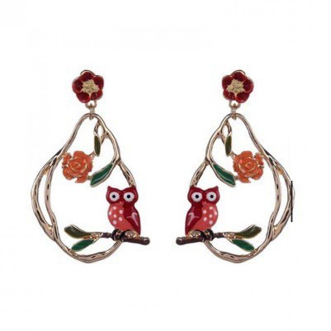 Boucles d'oreille hibou sur sa branche