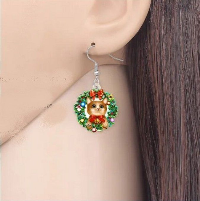 Boucles d'oreille couronne de noel et chats .