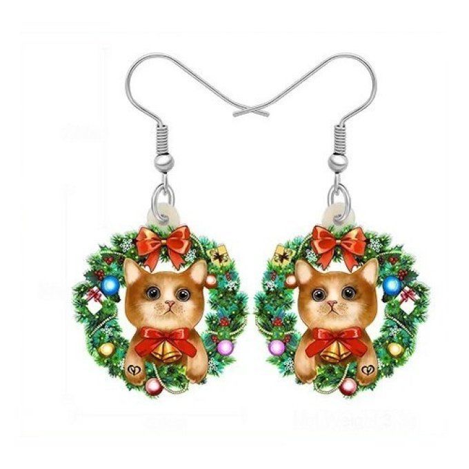 Boucles d'oreille couronne de noel et chats .