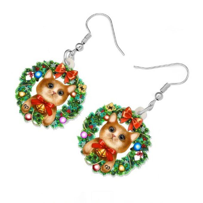 Boucles d'oreille couronne de noel et chats .