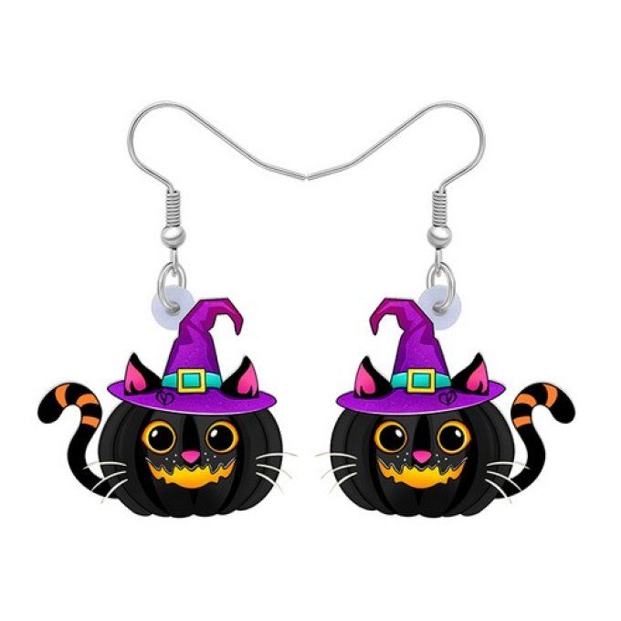 Boucles d'oreilles chat noir sorcier au balai et chapeau.