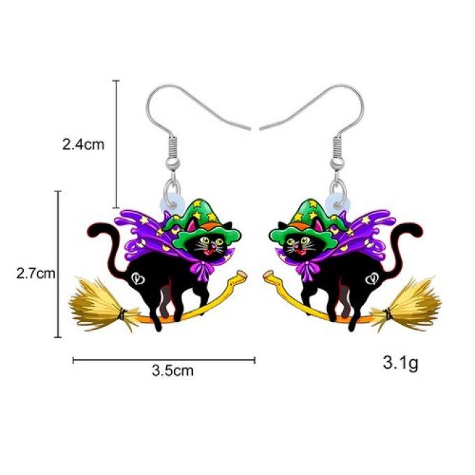 Boucles d'oreilles chat noir sorcier au balai et chapeau. - Toutenchat