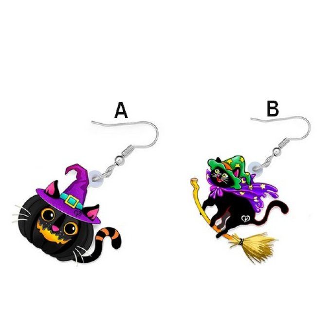 Boucles d'oreilles chat noir sorcier au balai et chapeau.