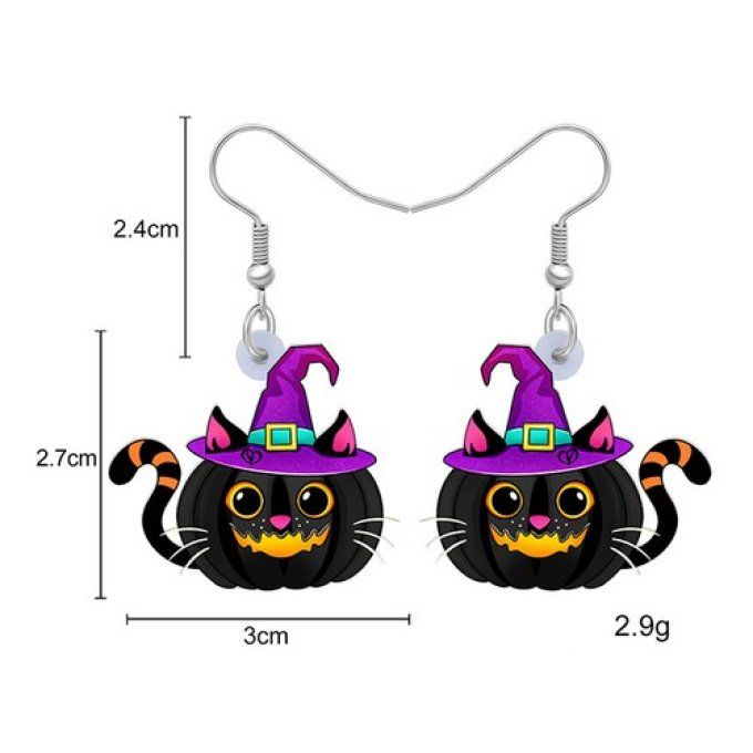 Boucles d'oreilles chat noir sorcier au balai et chapeau. - Toutenchat