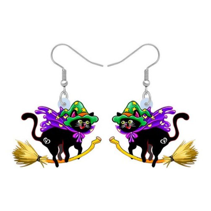 Boucles d'oreilles chat noir sorcier au balai et chapeau. - Toutenchat