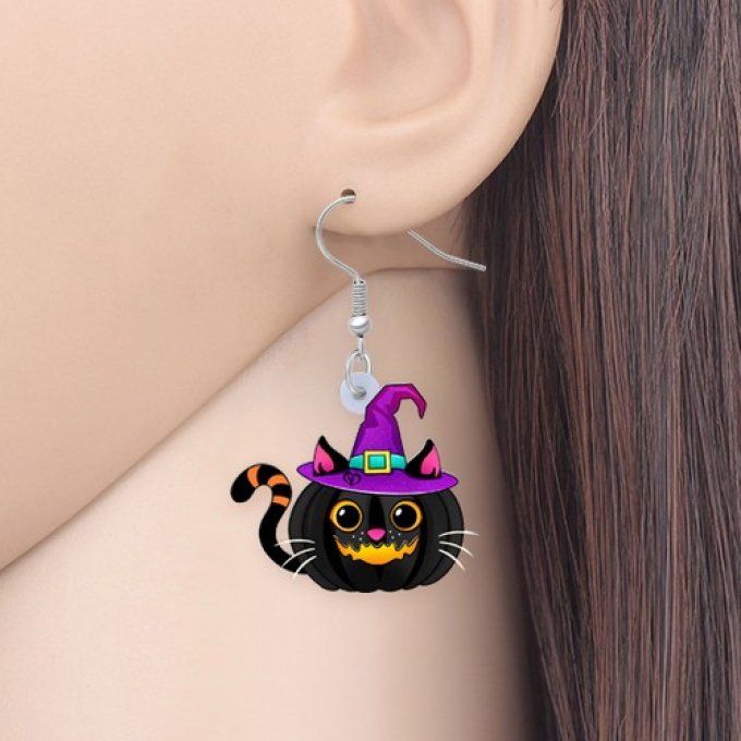 Boucles d'oreilles halloween chat et citrouille.