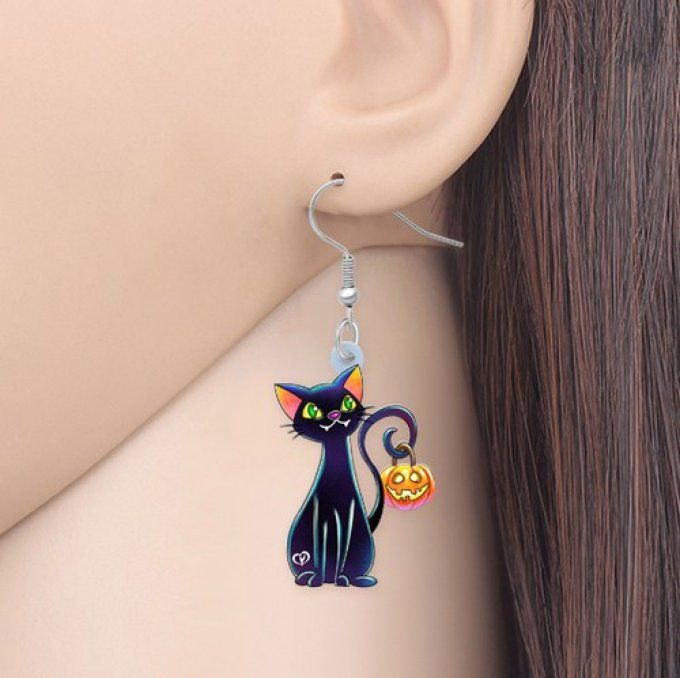 Boucles d'oreilles halloween chat et citrouille.