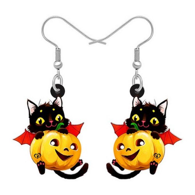 Boucles d'oreilles halloween chat et citrouille.