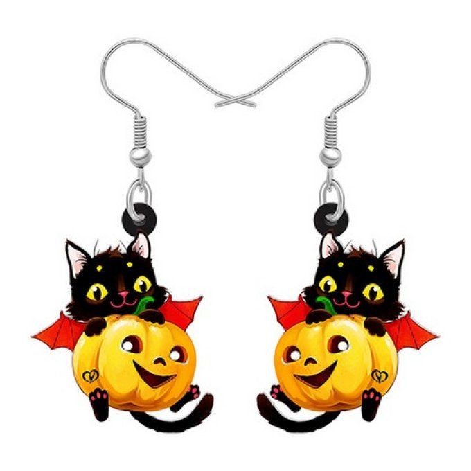 Boucles d'oreilles halloween chat et citrouille.