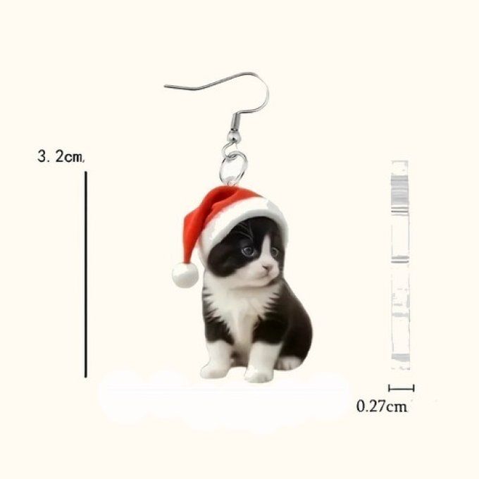 Boucles d'oreille chat noir et blanc de noel