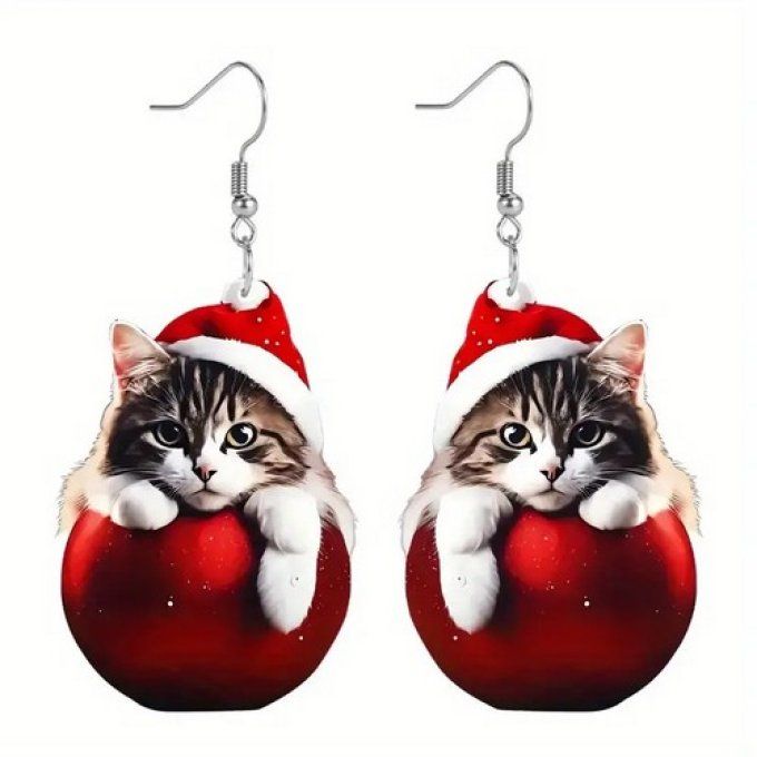 Boucles d'oreille chat de noel et boule rouge