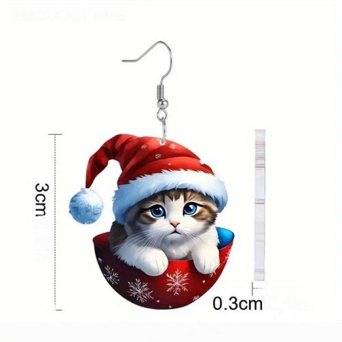 Boucles d'oreille chat de noel et boule rouge