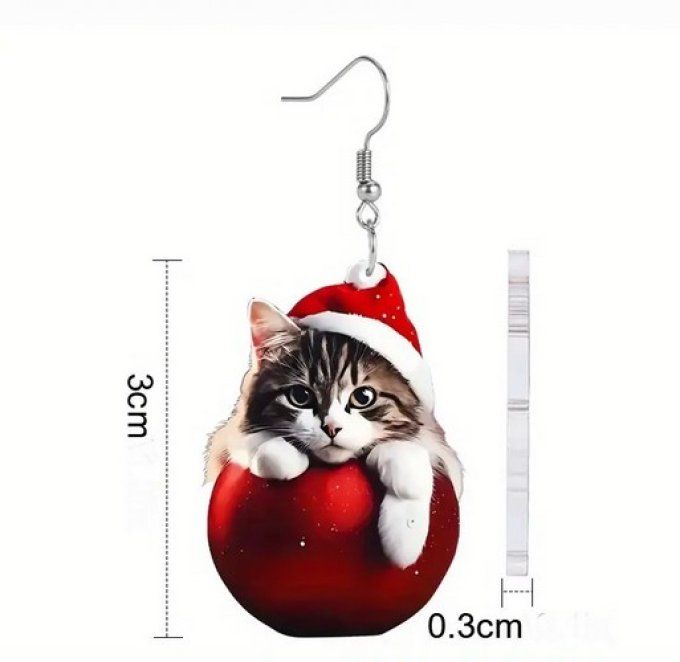 Boucles d'oreille chat de noel et boule rouge