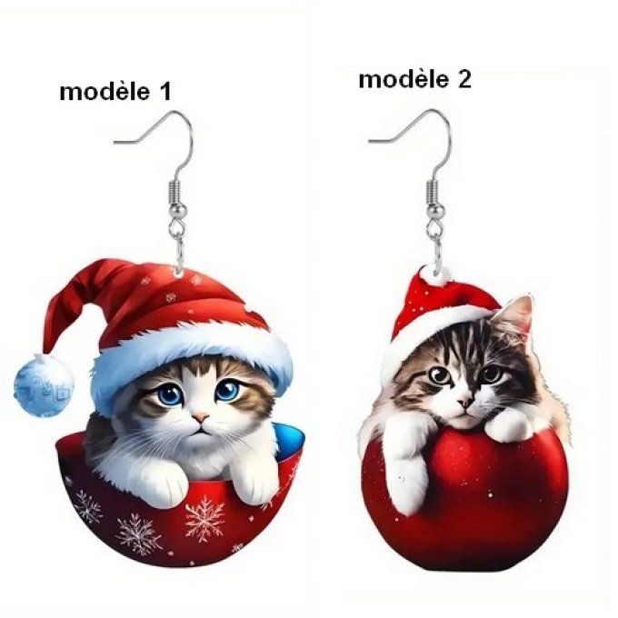 Boucles d'oreille chat de noel et boule rouge