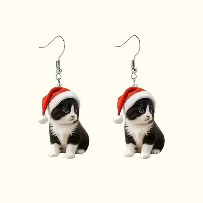 Boucles d'oreille chat noir et blanc de noel