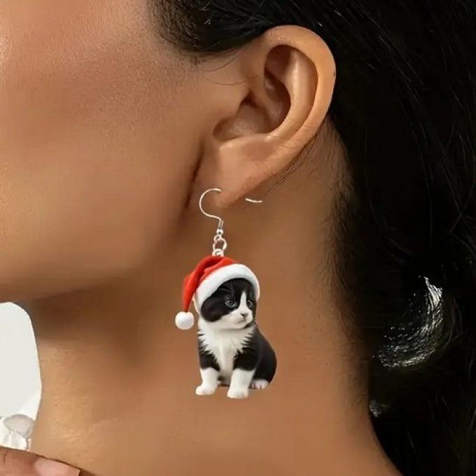 Boucles d'oreille chat noir et blanc de noel