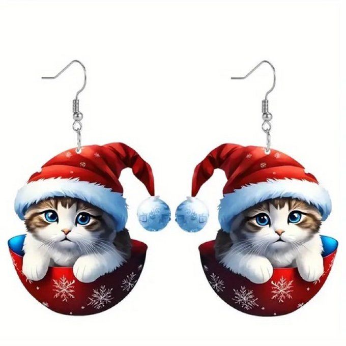 Boucles d'oreille chat de noel et boule rouge