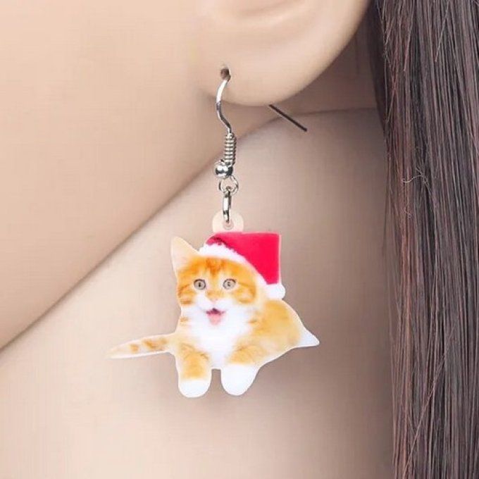 Boucles d'oreille chat roux de noël.