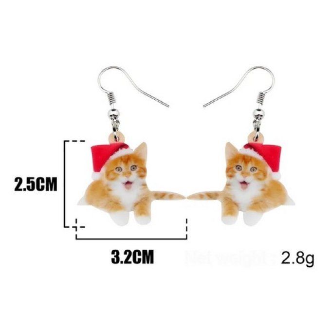 Boucles d'oreille chat roux de noël.