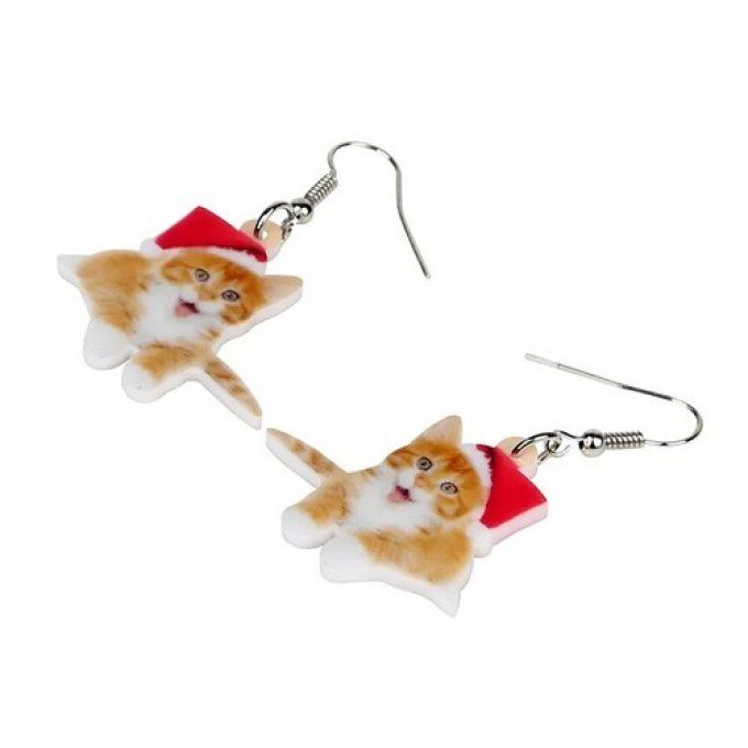 Boucles d'oreille chat roux de noël.