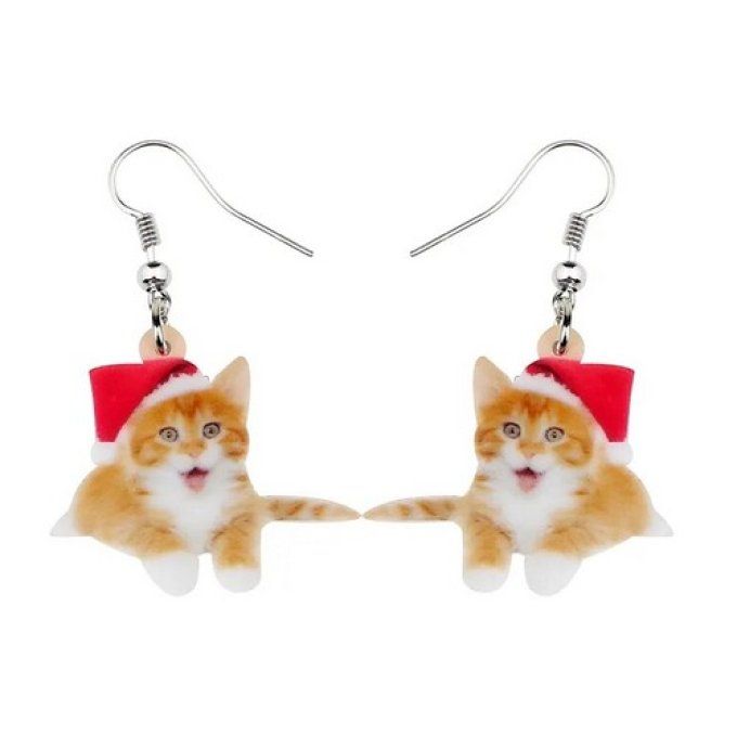 Boucles d'oreille chat roux de noël.