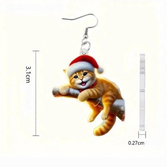 Boucles d'oreille chat roux de noel sur sa branche.