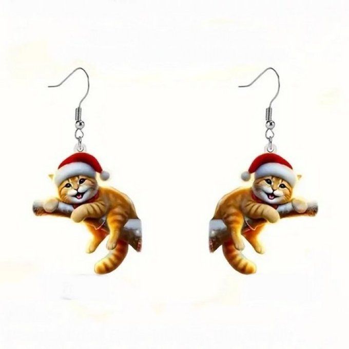 Boucles d'oreille chat roux de noel sur sa branche.