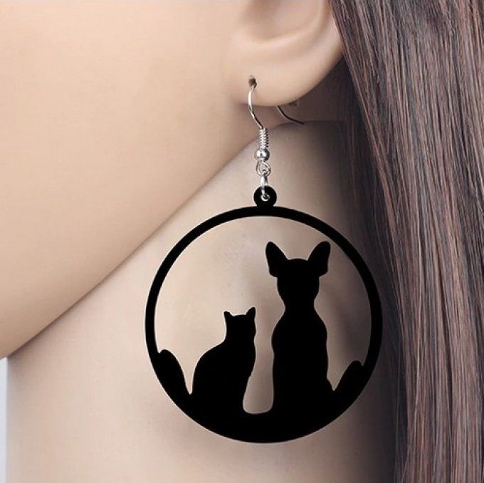 Boucles d'oreilles chat émail strass gris noir - Bijoux animaux