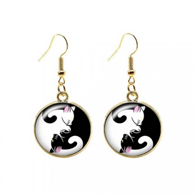 Boucles d'oreille longue chat noir et blanc yin et yang