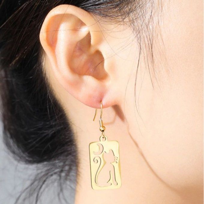 Boucles d'oreille rectangulaire chat et lune.